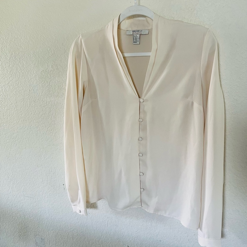 Forever 21 Cream V-Neck Button Blouse